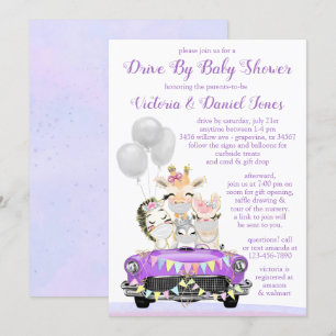 Purple Drive By Baby Shower Cute Animals in Car Invitation