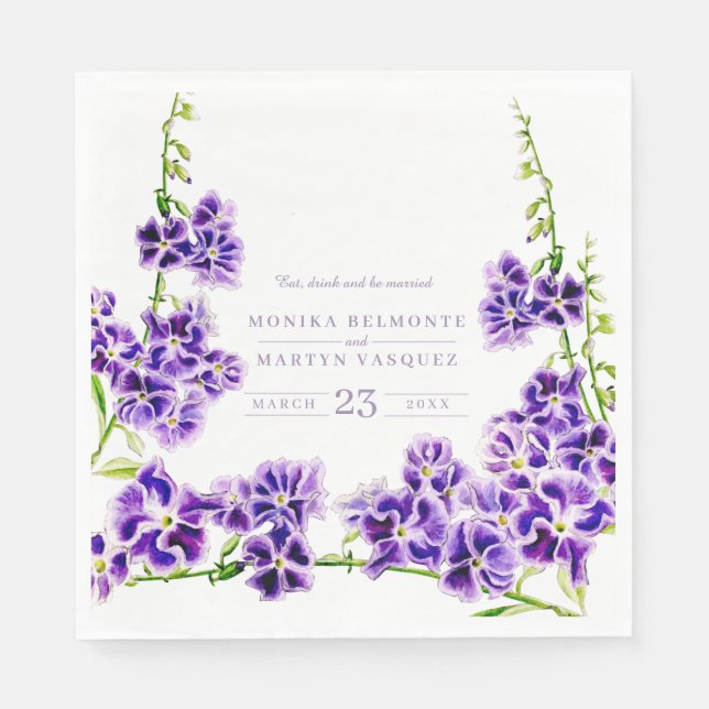 Purple duranta watercolor flower wedding napkin (Front)