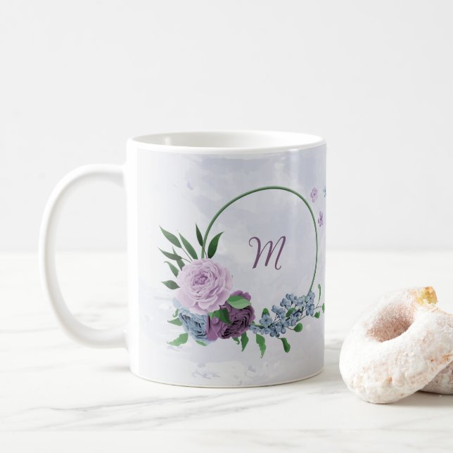 Purple dusty blue floral  coffee mug (With Donut)