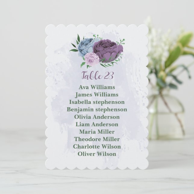 Purple dusty blue floral seating chart card (Standing Front)