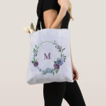 Purple dusty blue floral  tote bag<br><div class="desc">Beautiful romantic tote bag featuring dusty blue and purple flowers and some green leaves .
 FOR MORE MATCHING PRODUCTS click on the collection above or contact me</div>