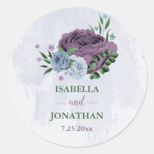 Purple & dusty blue floral wedding classic round sticker