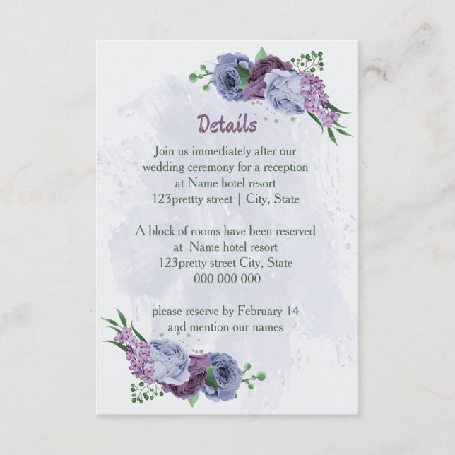 Purple dusty blue floral wedding details enclosure card (Front)