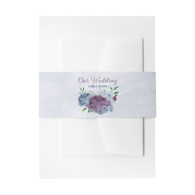 Purple dusty blue floral wedding  invitation belly band (Front Example)