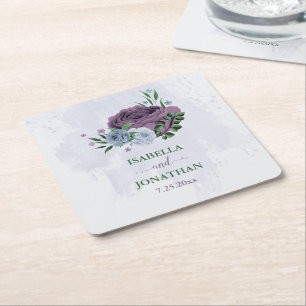 Purple dusty blue floral wedding square paper coaster