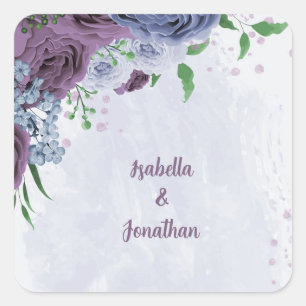 Purple & dusty blue floral wedding square sticker