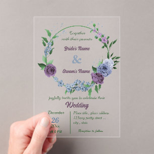 Purple dusty blue flowers green leaves wedding acrylic invitations