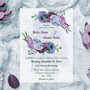 Purple dusty blue flowers green leaves wedding invitation