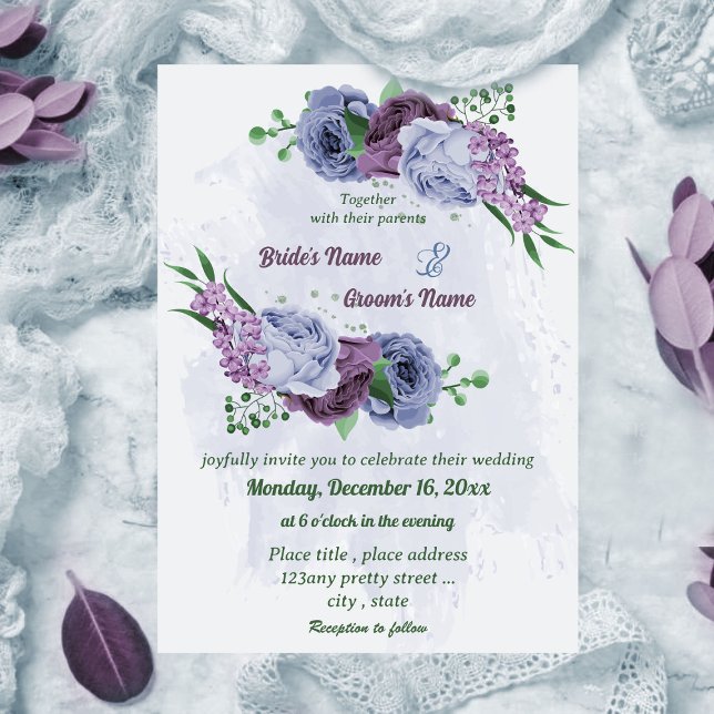 Purple dusty blue flowers green leaves wedding invitation (Creator Uploaded)
