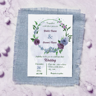 Purple dusty blue flowers green leaves wedding invitation