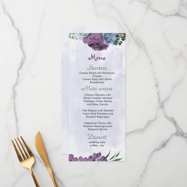 Purple dusty blue flowers green leaves wedding menu (Front/Back In Situ)