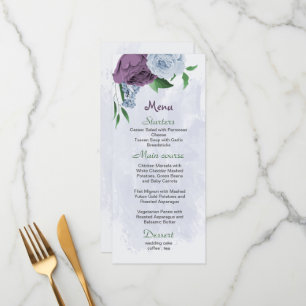 Purple dusty blue flowers green leaves wedding menu