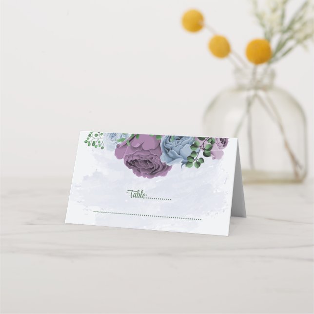 Purple dusty blue flowers green leaves wedding place card (Front)