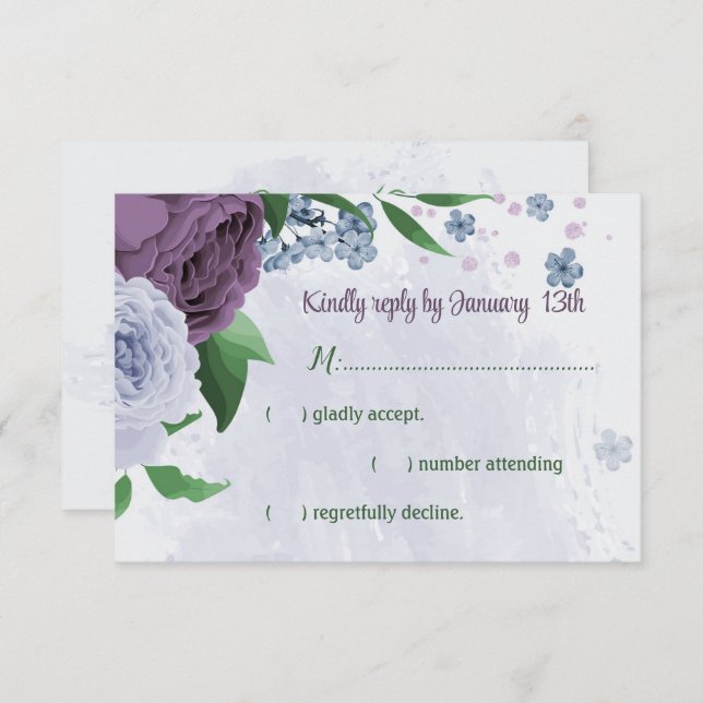 Purple dusty blue flowers green leaves wedding RSVP card (Front/Back)
