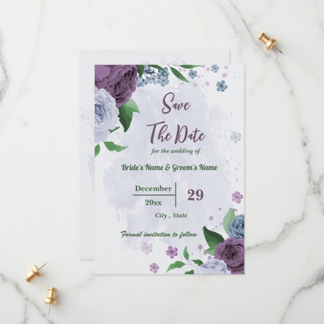 Purple dusty blue flowers green leaves wedding save the date (Front/Back In Situ)
