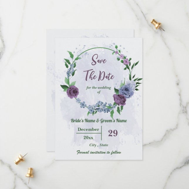 Purple dusty blue flowers green leaves wedding save the date (Front/Back In Situ)