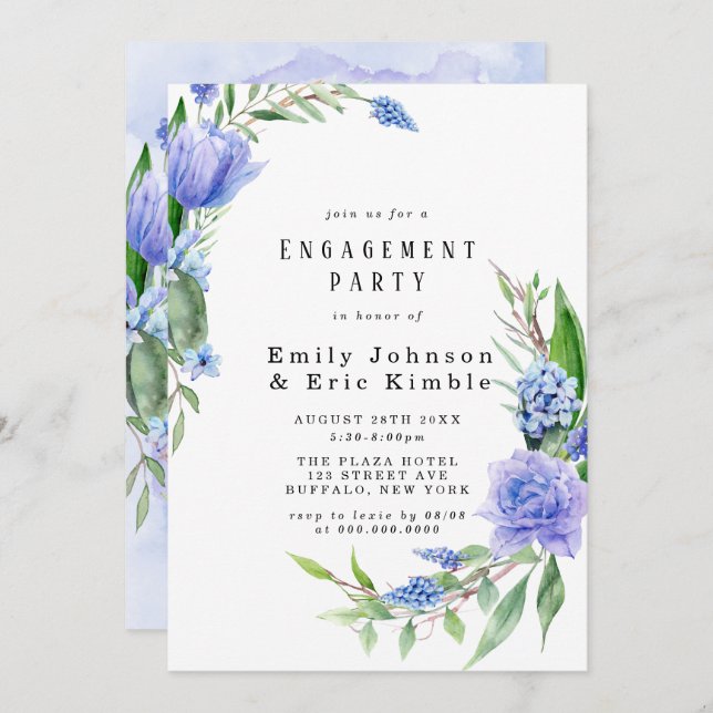 Purple Dusty Blue Hyacinth Peony Engagement Party Invitation (Front/Back)