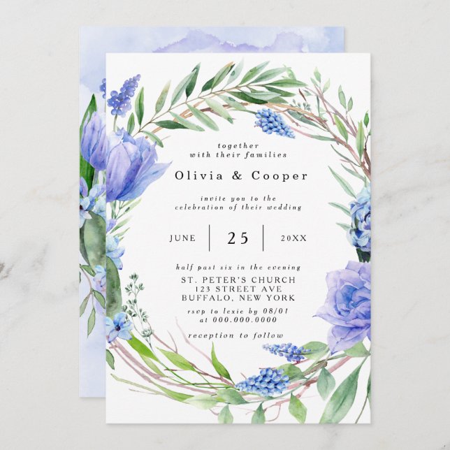 Purple Dusty Blue Hyacinth Peony Wreath Wedding Invitation (Front/Back)