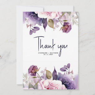 purple Dusty Blush Pink Floral Wedding Thank You Card