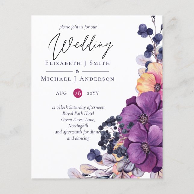 Purple Dynasty Dark Floral Budget Wedding Invites Flyer (Front)