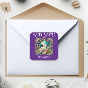 Purple Easter Bunny Art Nouveau Stained Glass Square Sticker