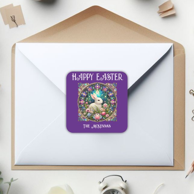 Purple Easter Bunny Art Nouveau Stained Glass  Square Sticker (Creator Uploaded)
