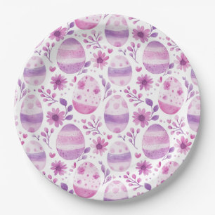 Purple Easter Egg and Flowers Pattern Paper Plate
