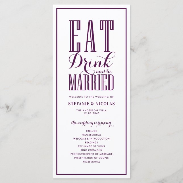 Purple Eat Drink and be Married Wedding Program (Front)