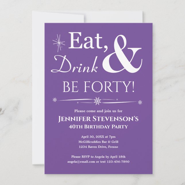 Purple Eat Drink Be Forty 40th Birthday Midcentury Invitation (Front)