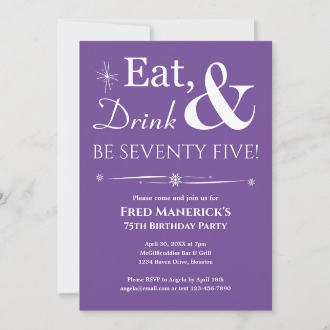 Purple Eat Drink Seventy Five Retro Birthday Invitation (Front)