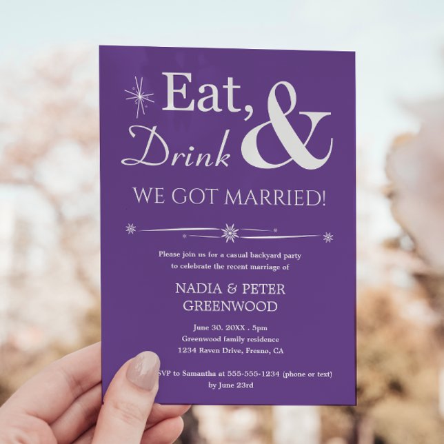 Purple Eat Drink We Got Married Elopement Party Invitation (Creator Uploaded)