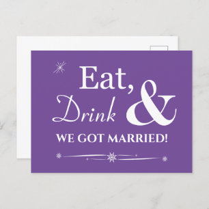 Purple Eat Drink We Got Married Retro Elopement Postcard