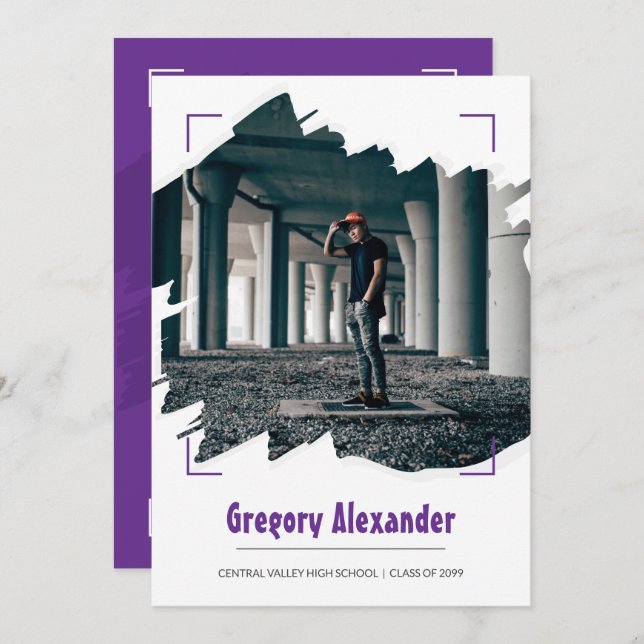 Purple Edgy Abstract Brushstroke Photo Graduation Invitation (Front/Back)