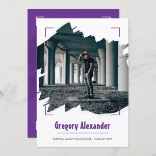 Purple Edgy Abstract Brushstroke Photo Graduation Invitation