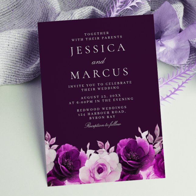 Purple Eggplant, Indigo, Lilac Roses Wedding Invitation (Creator Uploaded)