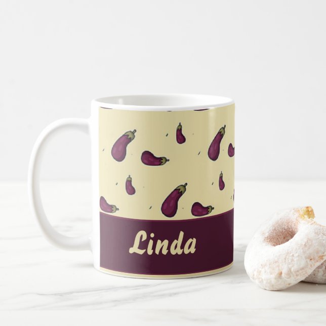 Purple eggplants on yellow coffee mug (With Donut)