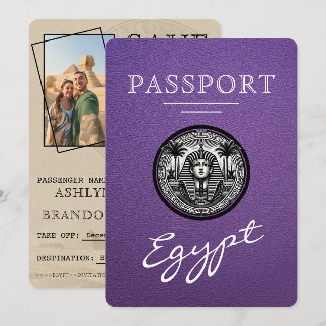 Purple Egypt Passport Wedding Save the Date (Front/Back)