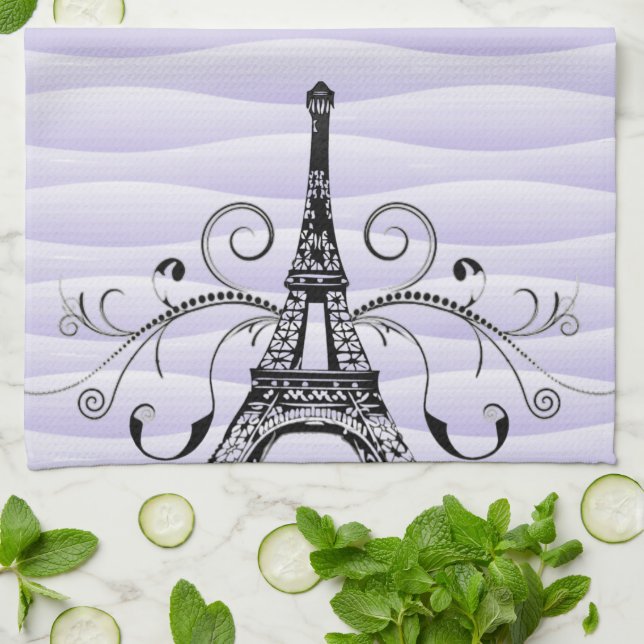 Purple Eiffel Towel Flourish Kitchen Towel (Folded)