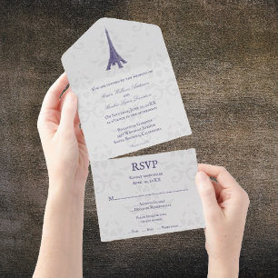 Purple Eiffel Tower Damask All in One Wedding All In One Invitation
