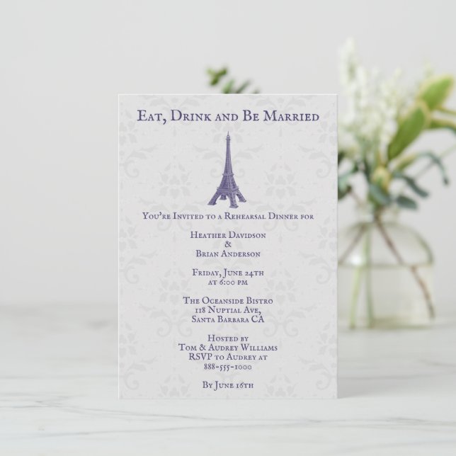 Purple Eiffel Tower Damask Rehearsal Dinner Invitation (Standing Front)
