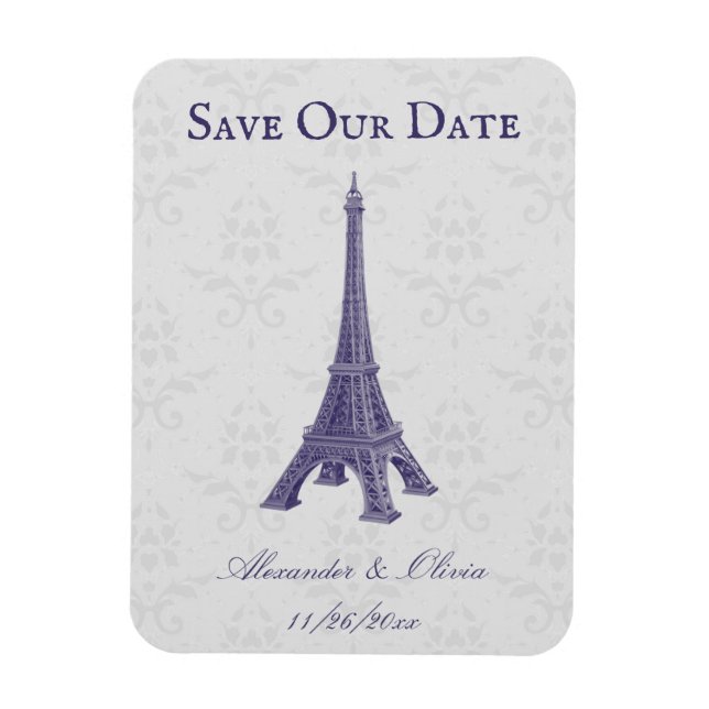 Purple Eiffel Tower Damask Save The Date Magnet (Vertical)