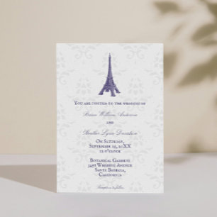 Purple Eiffel Tower Damask Wedding Invitation