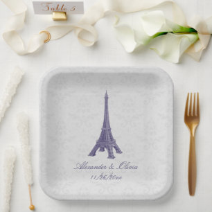 Purple Eiffel Tower Damask Wedding Shower Paper Plate