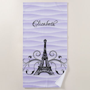 Purple Eiffel Tower Flourish Beach Towel