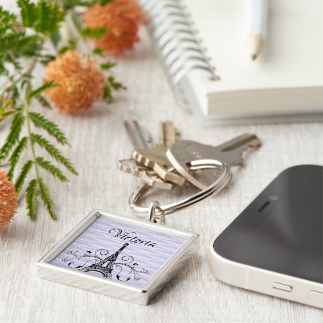 Purple Eiffel Tower Flourish Square Keychain (Side)