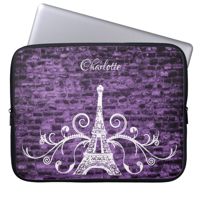 Purple Eiffel Tower Grunge Laptop Sleeve (Front)