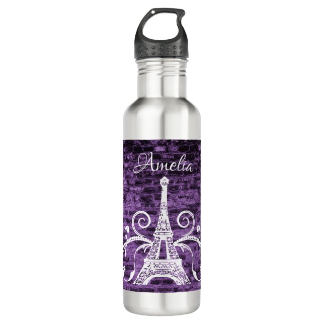 Purple Eiffel Tower Grunge Water Bottle (Front)