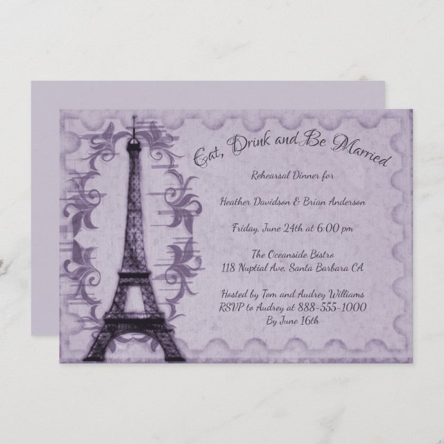 Purple Eiffel Tower Rehearsal Dinner Invitation (Front/Back)
