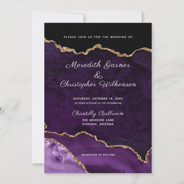 Purple Elegance Gold Glitter Agate Wedding Invitation (Front)