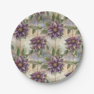 Purple Elegance Luxe Poinsettia & Holly Christmas Paper Plate